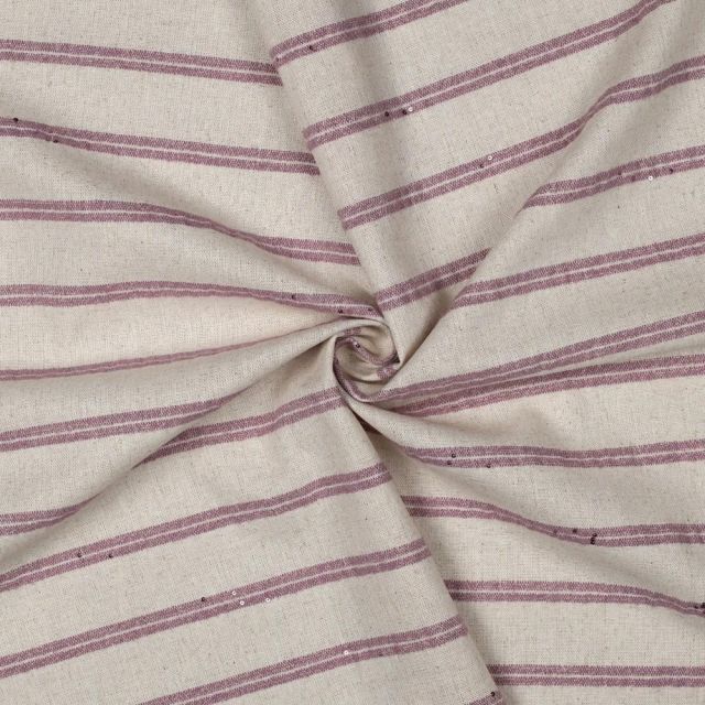 Tissu Lin Sequins rayures Vieux Rose sur fond Naturel
