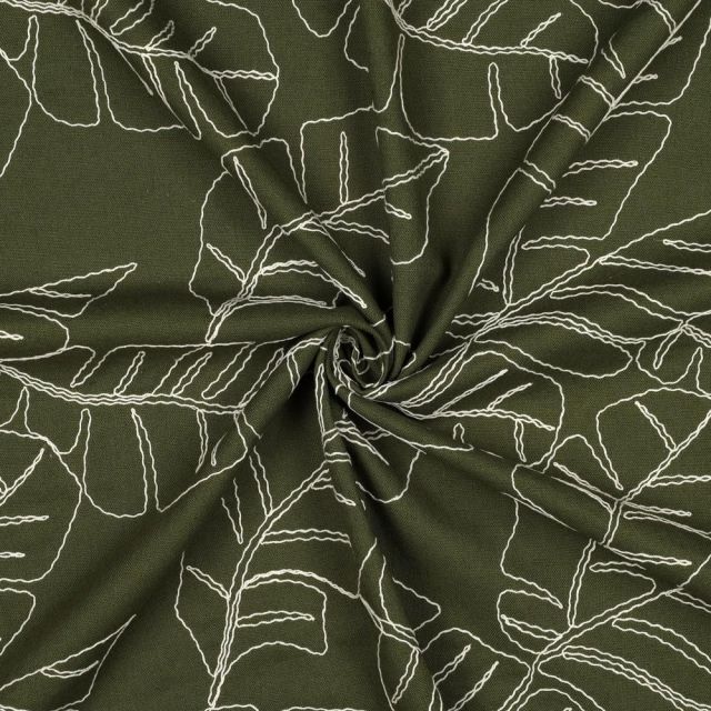 Tissu Lin Viscose Feuilles brodées sur fond Vert kaki