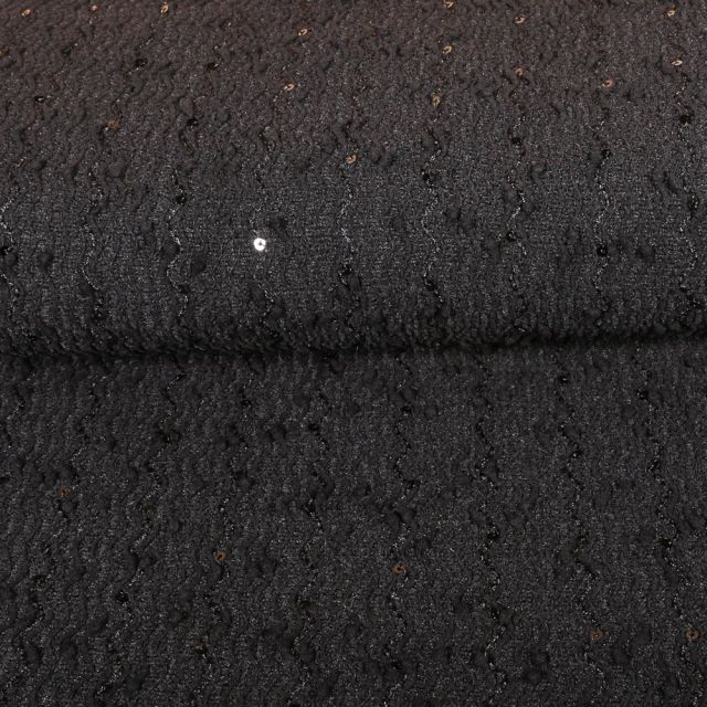 Tissu Maille Pull Mini pompom et paillettes sur fond Noir - Par 10 cm
