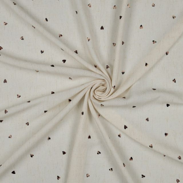 Tissu Lin Viscose petits Coeurs Brun brillants sur fond Ecru