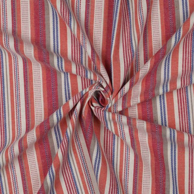 Tissu Lin Viscose fil teint rayures Rouge et Bleu sur fond Ecru