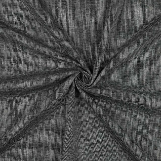 Tissu Coton Lin Chevrons Blanc sur fond Gris anthracite profond
