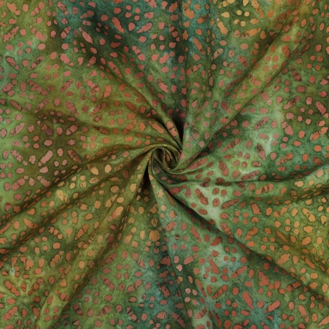 Tissu Batik de Viscose fines rosaces sur fond Vert olive