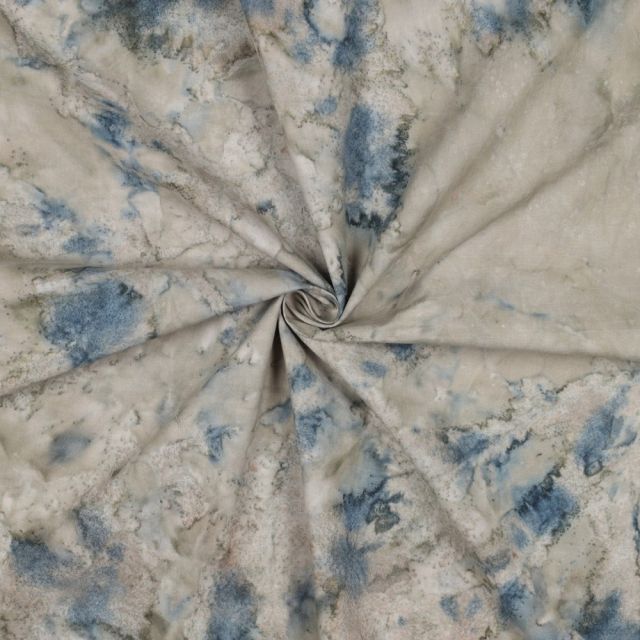 Tissu Batik de Coton marbré Bleu ardoise et Gris minéral sur fond Beige