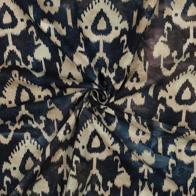 Tissu Batik de Coton motif ethnique Ecru sur fond Noir