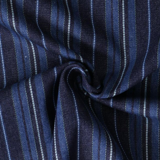 Tissu Jeans Denim Ninon rayures Bleues sur fond Bleu marine
