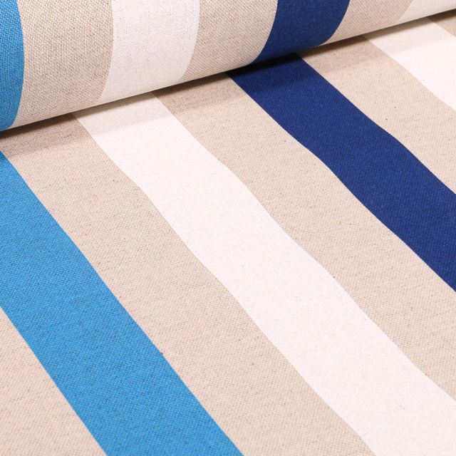 Tissu Toile de Coton Rayures blanches et bleues sur fond Naturel