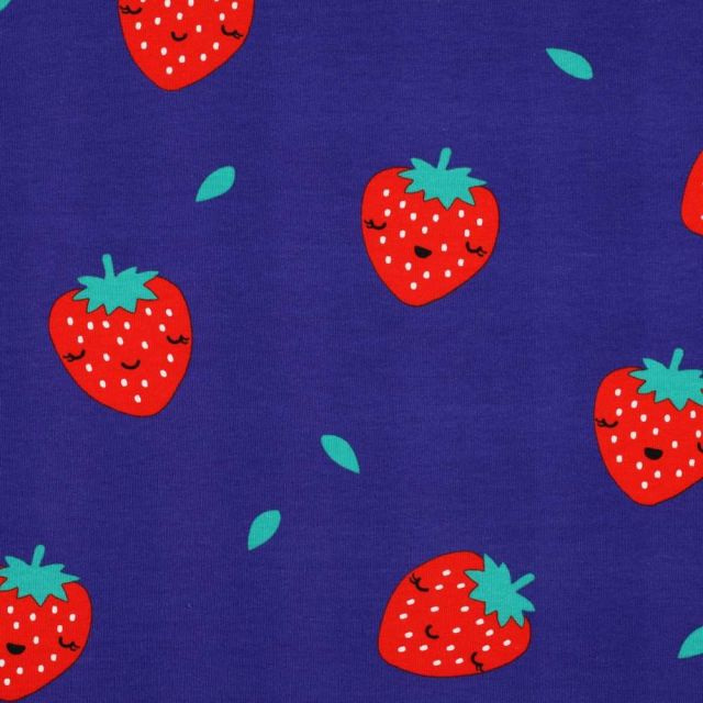 Tissu Jersey stretch Fraise Happy sur fond Bleu roi