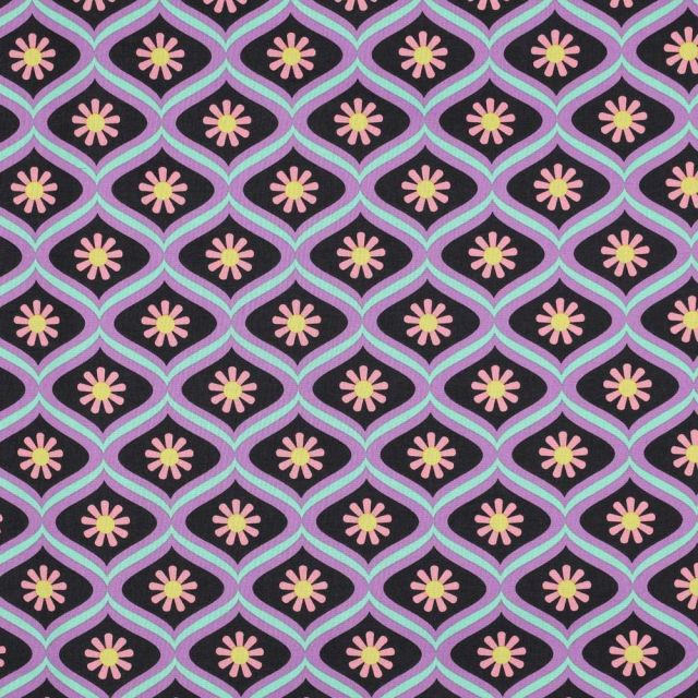 Coupon Tissu Coton enduit Poppy Fleur retro mauve sur fond Noir - Coupon de 20 cm