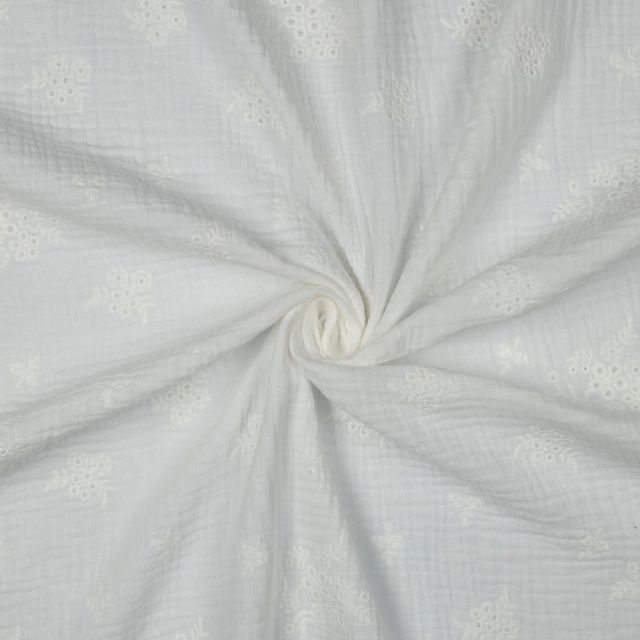 Tissu Double gaze de Coton brodé Fleurs Tia sur fond Blanc