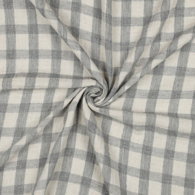 Tissu Double gaze de Coton Lin Carreaux Gris sur fond Ecru