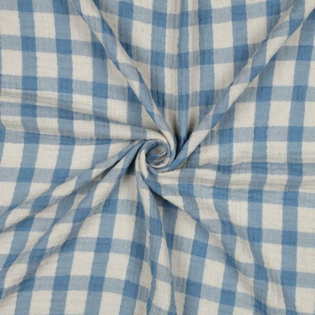 Tissu Double gaze de Coton Lin Carreaux Bleu ciel sur fond Ecru