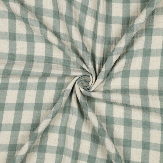 Tissu Double gaze de Coton Lin Carreaux Vert sauge sur fond Ecru