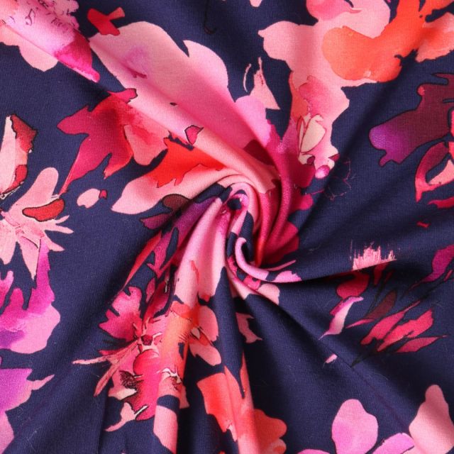 Coupon Tissu Jersey stretch Amalia fleurs Roses sur fond Bleu marine - Coupon de 120 cm