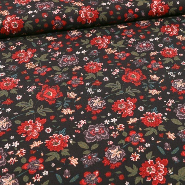 Tissu Viscose Fleuris Louise sur fond Noir - Par 10 cm