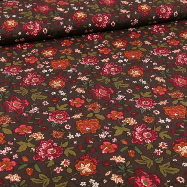 Tissu Viscose Fleuris Louise sur fond Marron - Par 10 cm