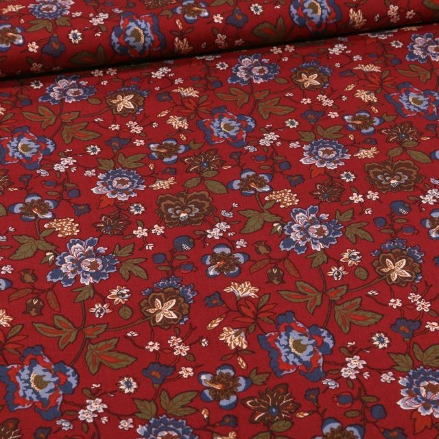 Tissu Viscose Fleuris Louise sur fond Bordeaux - Par 10 cm