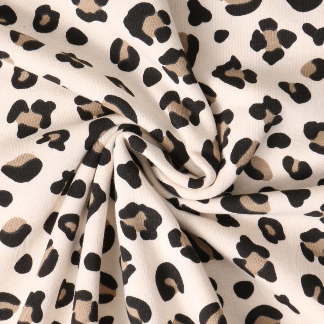 Coupon Tissu Sweat envers molletonné Savannah imprimé léopard sur fond Beige - Coupon de 30 cm