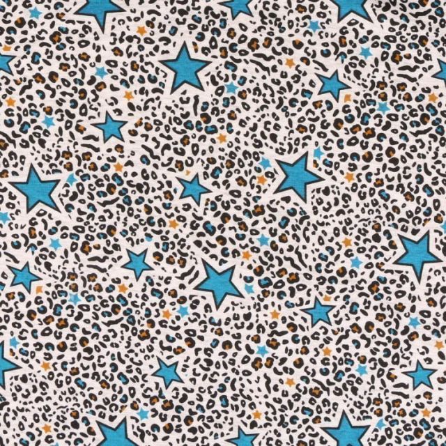 Tissu Sweat  envers minky Etoiles turquoise et tache léopard ocre sur fond Beige chiné - Par 10 cm
