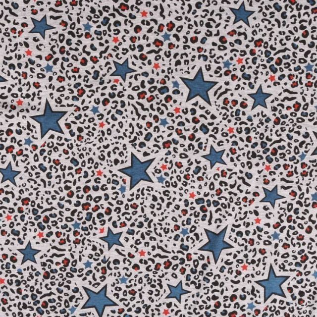 Tissu Sweat  envers minky Etoile bleu denim et tache léopard rouge sur fond Gris chiné - Par 10 cm