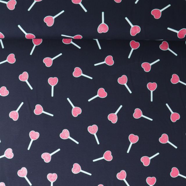 Tissu Jersey stretch Lolly coeurs Rose Paillettés sur fond Bleu marine