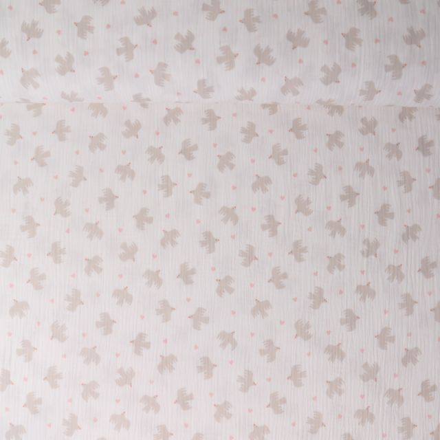 Tissu Double gaze de Coton Suzie oiseaux Beiges sur fond Blanc