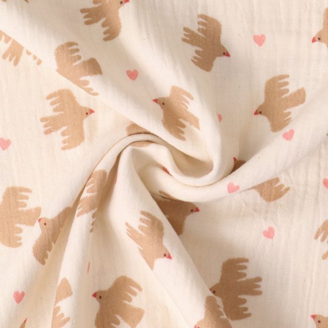 Tissu Double gaze de Coton Suzie oiseaux Camel sur fond Beige sable