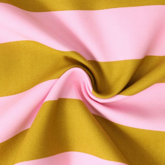 Tissu Toile Canvas Babette rayures Moutarde sur fond Rose bébé