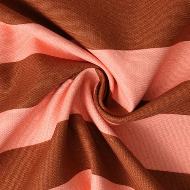 Tissu Toile Canvas Babette rayures Chocolat sur fond Rose corail