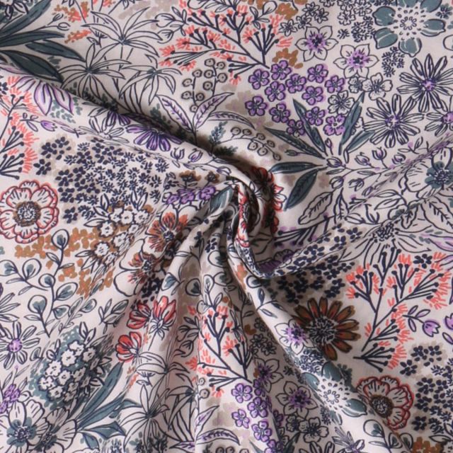 Coupon Tissu Popeline de Coton Amandine fleurs Violettes sur fond Ecru - Coupon de 100 cm