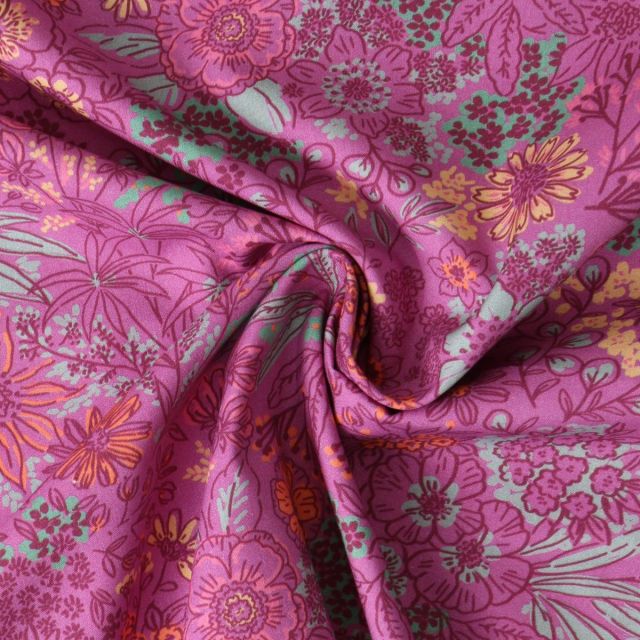 Tissu Popeline de Coton Amandine fleurs Jaunes sur fond Rose fuchsia