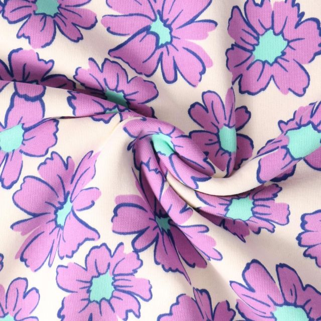 Tissu Sweat envers molletonné Cosmia fleurs Violettes sur fond Beige