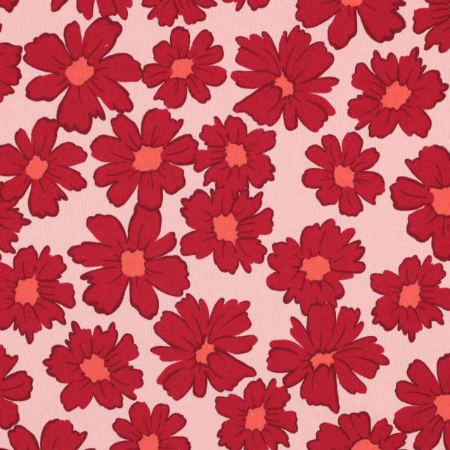 Tissu Sweat envers molletonné Cosmia fleurs Rouges sur fond Rose
