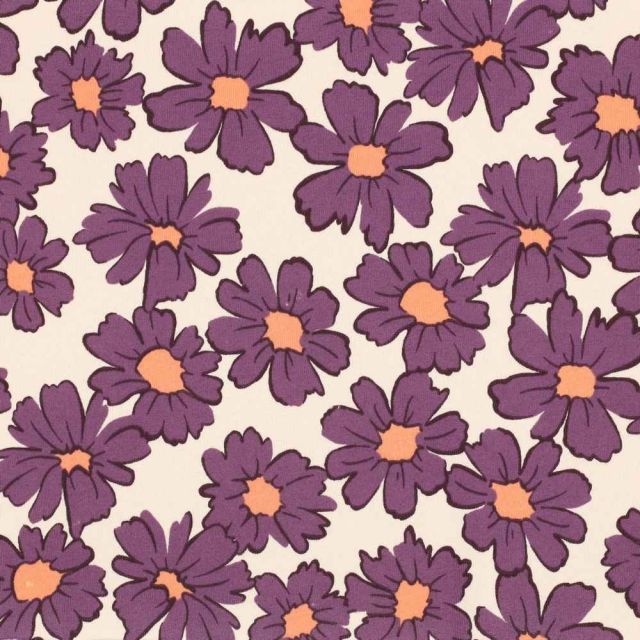 Tissu Sweat envers molletonné Cosmia fleurs Aubergines sur fond Beige