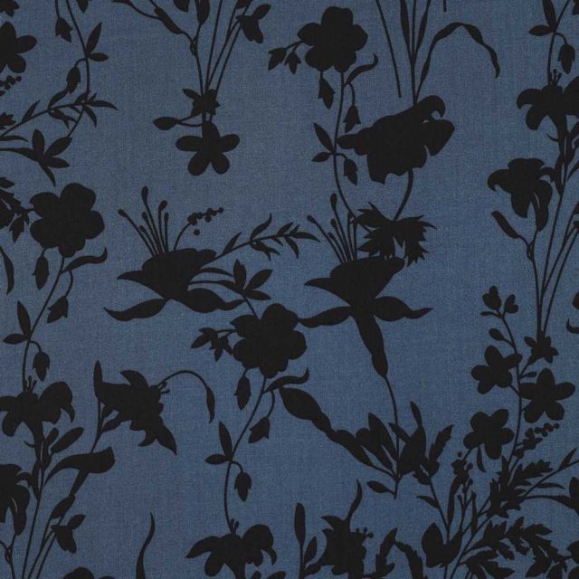 Tissu Viscose  Noctis fleurs Noires sur fond Bleu ardoise