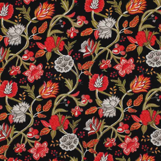 Tissu Viscose stretch Folkloria fleurs Rouges sur fond Noir