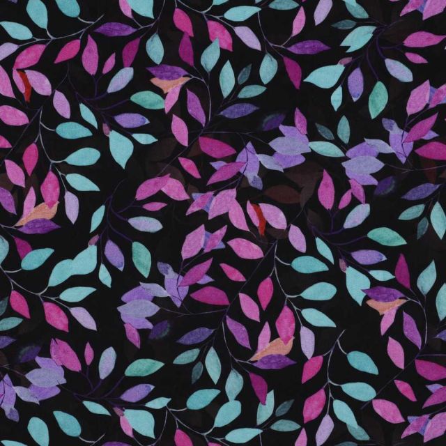 Tissu Viscose  Eloria feuilles Violettes sur fond Noir