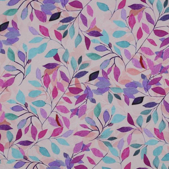 Tissu Viscose  Eloria feuilles Violettes sur fond Parme