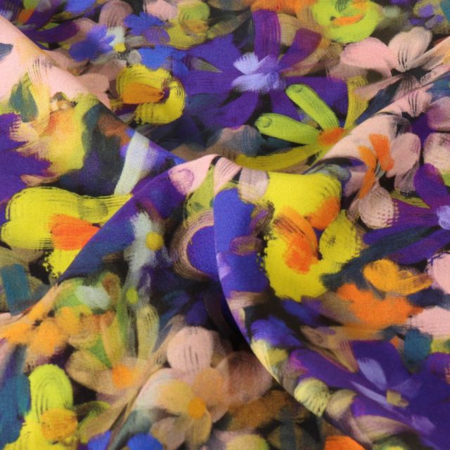 Coupon Tissu Viscose Digital imprimé Fleurs aquarelles sur fond Noir - Coupon de 180 cm