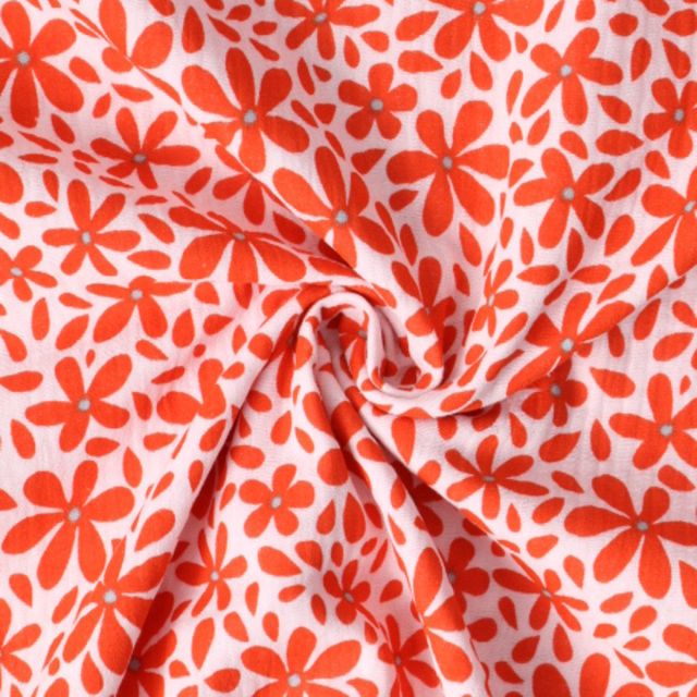 Tissu Double gaze de Coton Daisy Pop fleurs Corail sur fond Rose pâle
