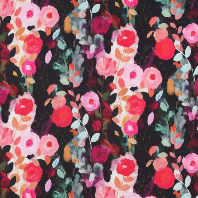 Tissu Viscose  Rosalia fleurs Roses sur fond Noir