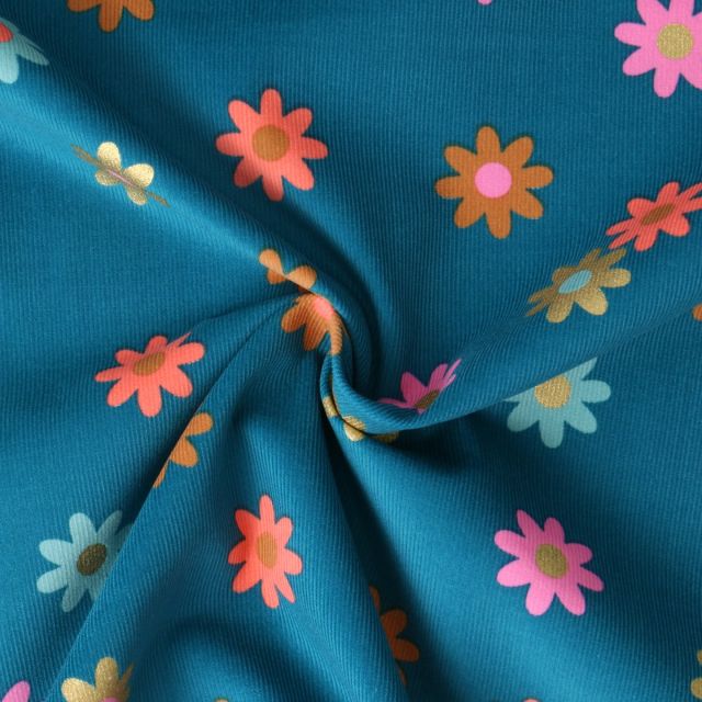 Tissu Jersey Bord Côte Yasmine fleurs Dorées sur fond Bleu canard