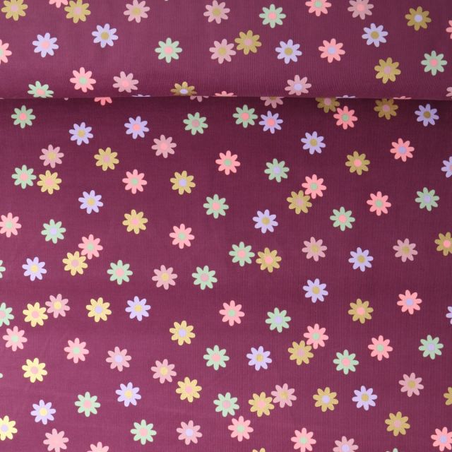 Tissu Jersey Bord Côte Yasmine fleurs Dorées sur fond Bordeaux