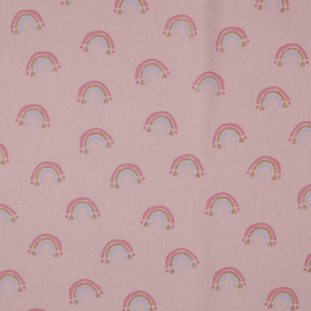 Tissu Popeline de Coton Poppy LittleBird Arc-en-ciel doré sur fond Rose