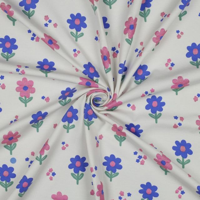 Tissu Jersey Coton imprimé Fleurs pailletées Rose et bleu sur fond Blanc