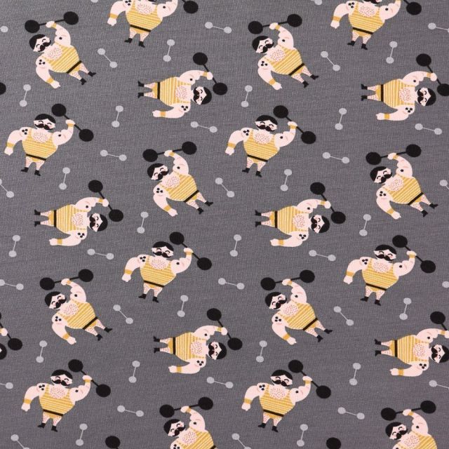 Tissu Jersey Coton Athlètes Jaunes et noirs sur fond Gris - Par 10 cm