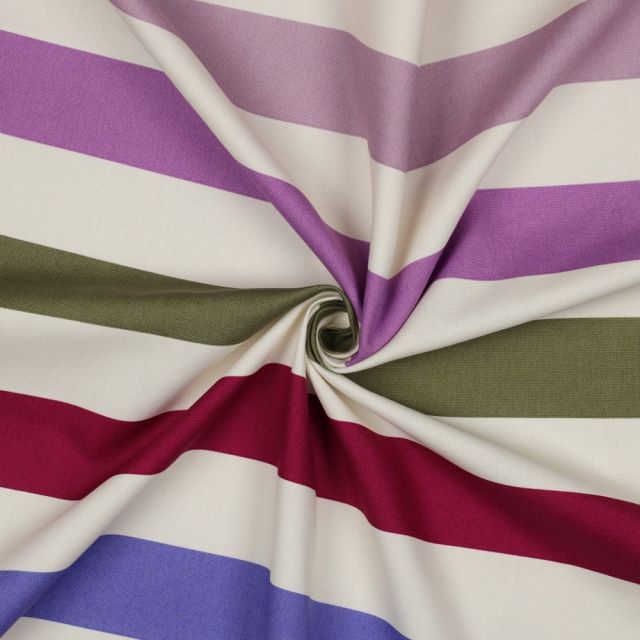 Tissu Toile de Coton Canvas Rayures parme, vert et bordeaux sur fond Blanc