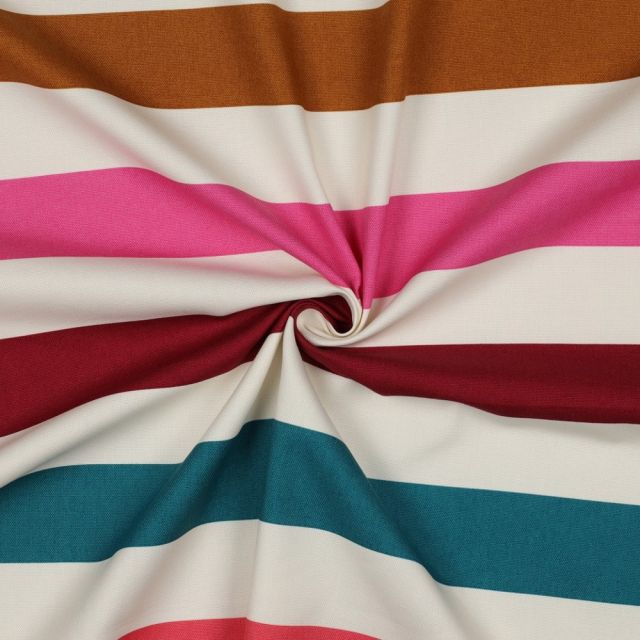 Tissu Toile de Coton Canvas Rayures rose, bleu et marron sur fond Blanc
