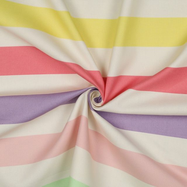 Tissu Toile de Coton Canvas Rayures pastels sur fond Ecru