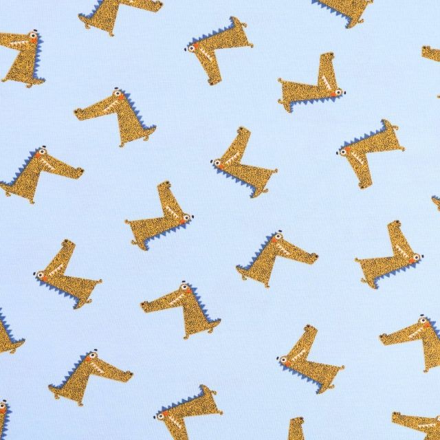 Tissu Jersey Coton Crocodiles verts et bleus sur fond Bleu ciel - Par 10 cm